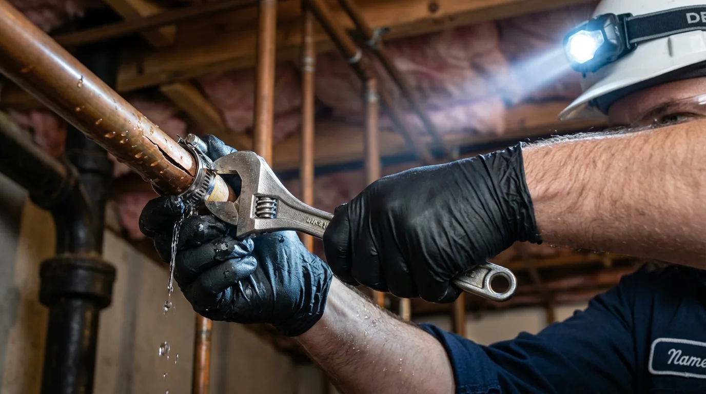 Emergency pipe clamp repair being performed by a Johns Plumbing LLC plumber in Blackfoot