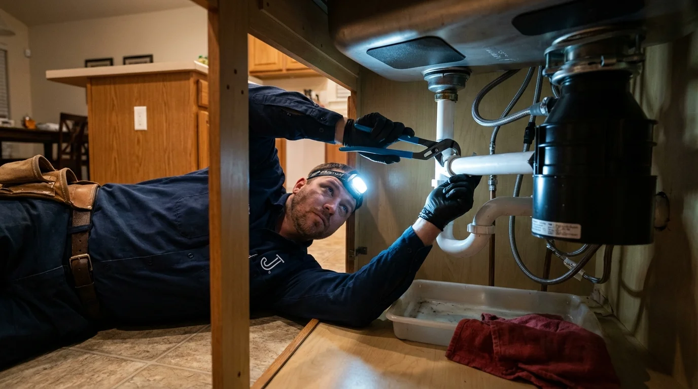 P-trap and supply line connections under a kitchen sink showing a common leak point in Blackfoot, ID